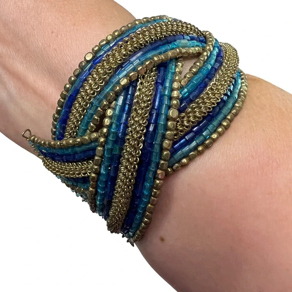 Beaded Cuff Bracelet Blue Gold Tone Statement‎ Bohemian Fashion Jewelry